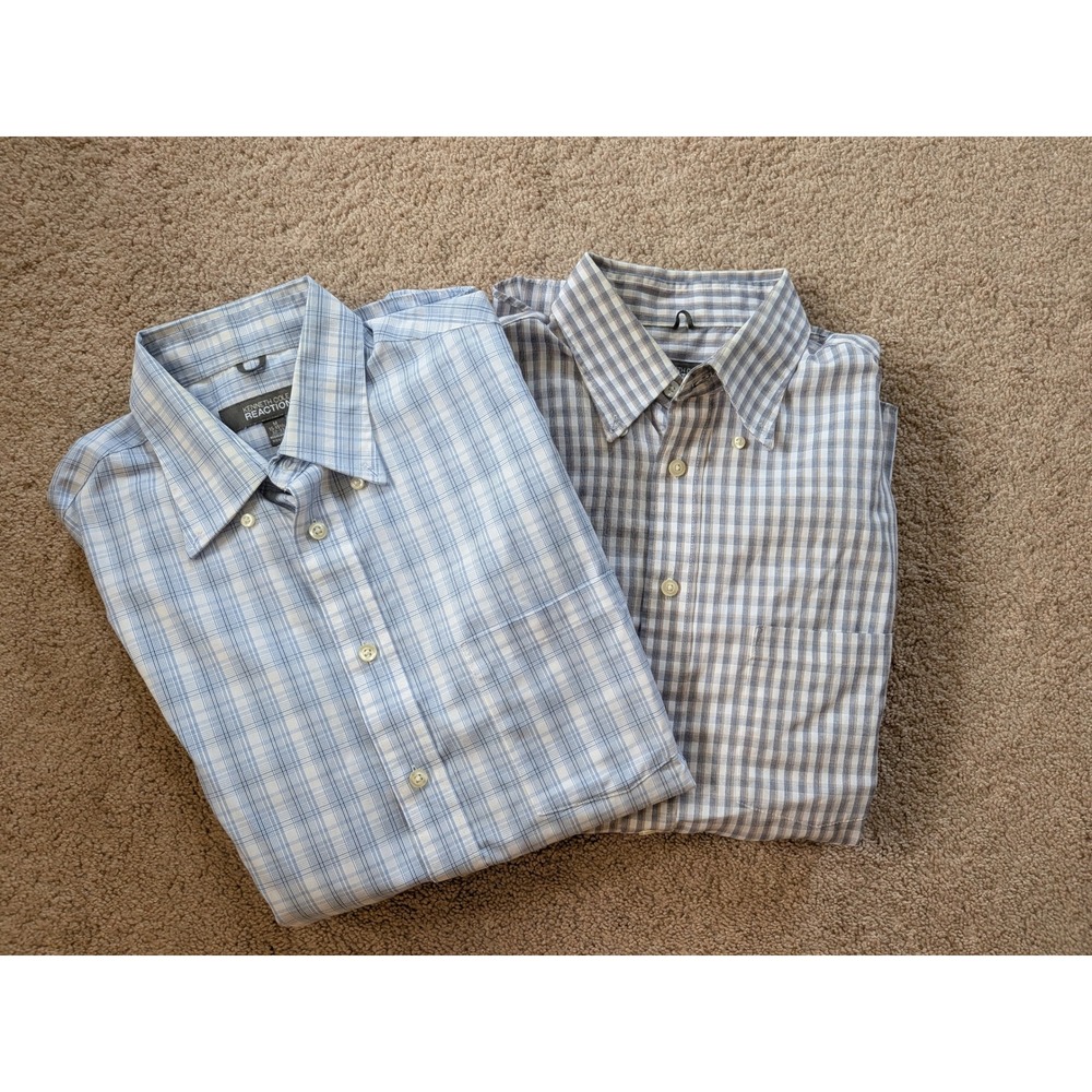 Kenneth Cole Reaction Mens Plaid Button Down Shirt Lot 2 Med Reg Fit Non-Iron